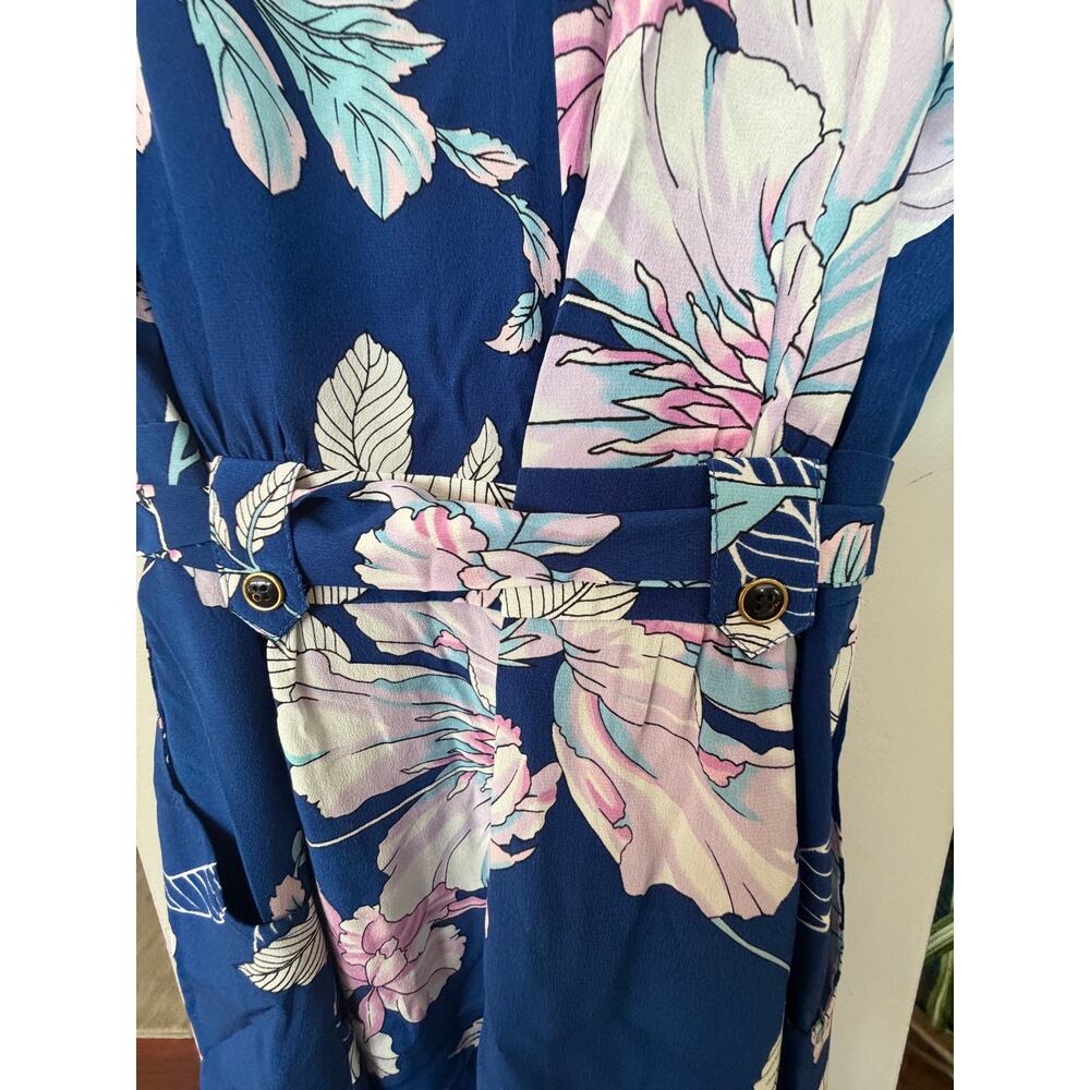 Yumi Kim Silk Floral Romper Blue Pink Wrap Tropical Cottagecore Boho Size S - Picture 7 of 7